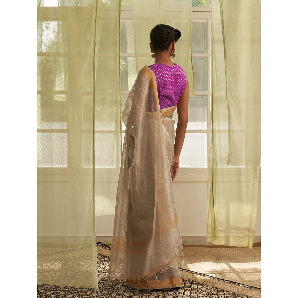 Five Point Five Grey Polka Dots Woven Saree with Unstitched Blouse