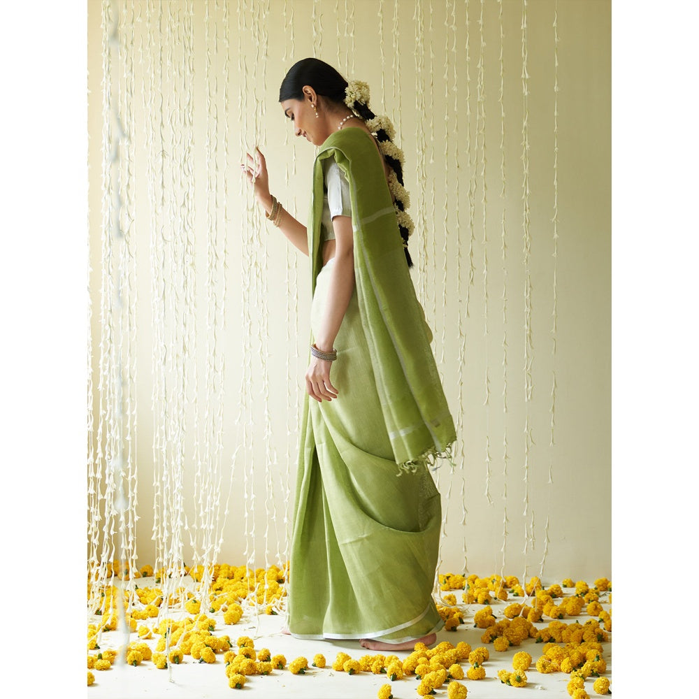 Five Point Five Green Woven Stripes On Pallu Saree with Unstitched Blouse