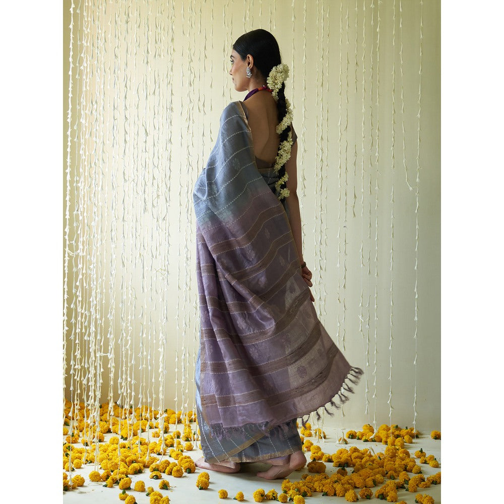 Five Point Five Purple Stripes Woven Overall Saree with Unstitched Blouse