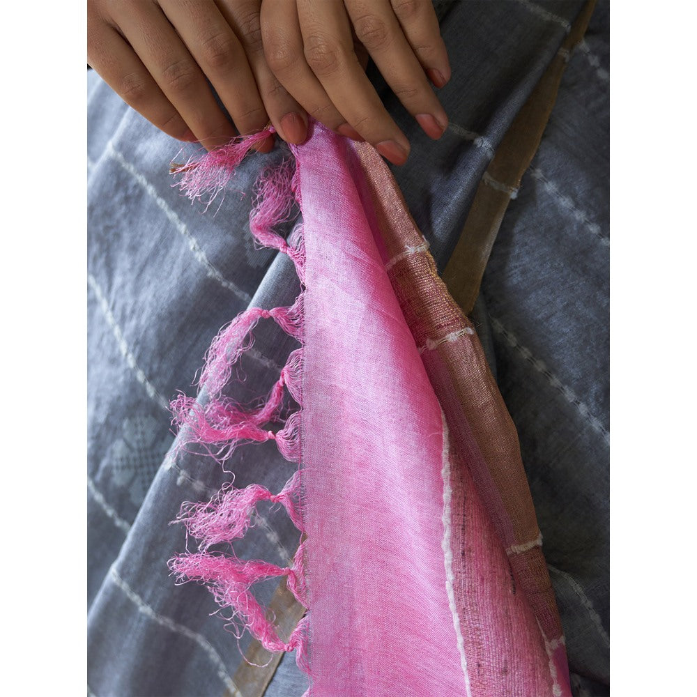 Five Point Five Blue Stripes Woven Overall Saree with Unstitched Blouse