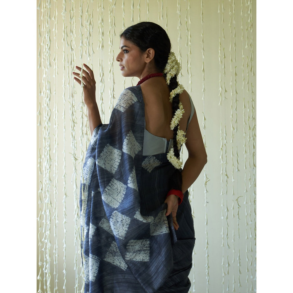 Five Point Five Blue Shibori In Diamond Shape Saree with Unstitched Blouse