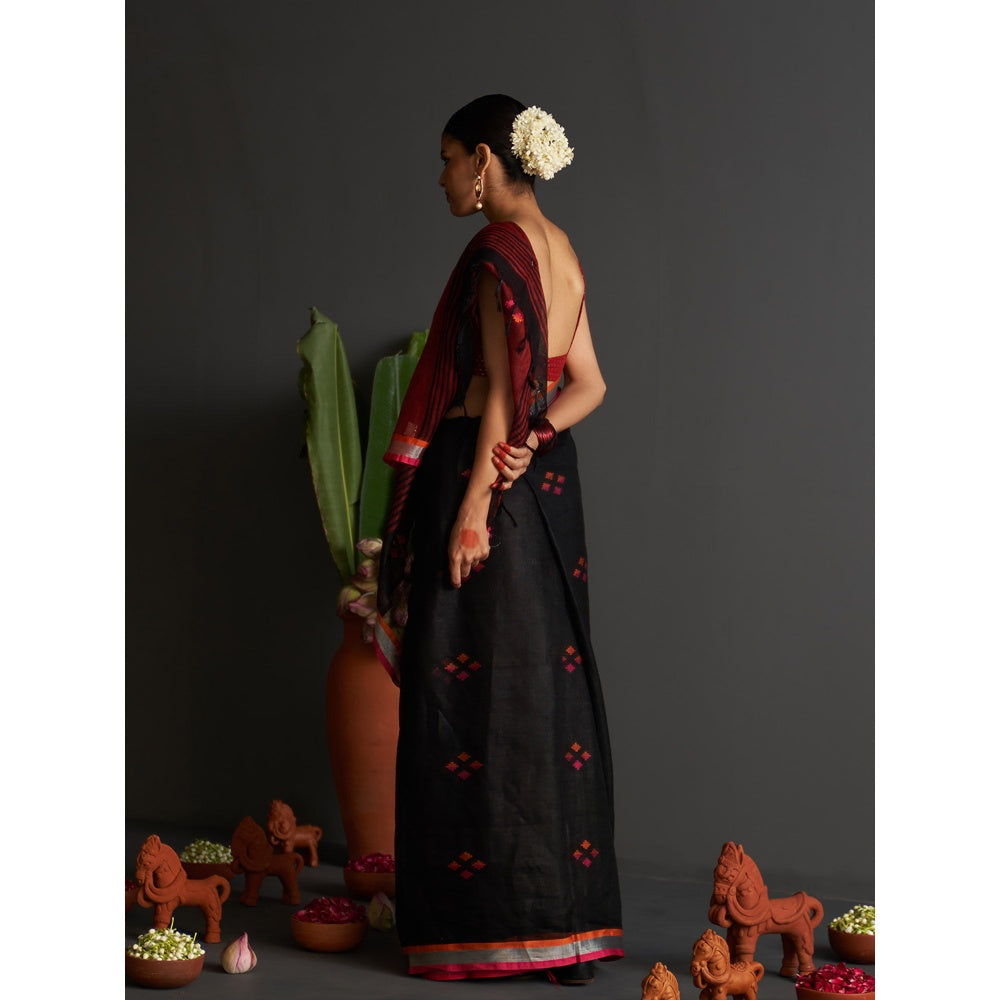 Five Point Five Black Motif Woven Overall Saree with Unstitched Blouse