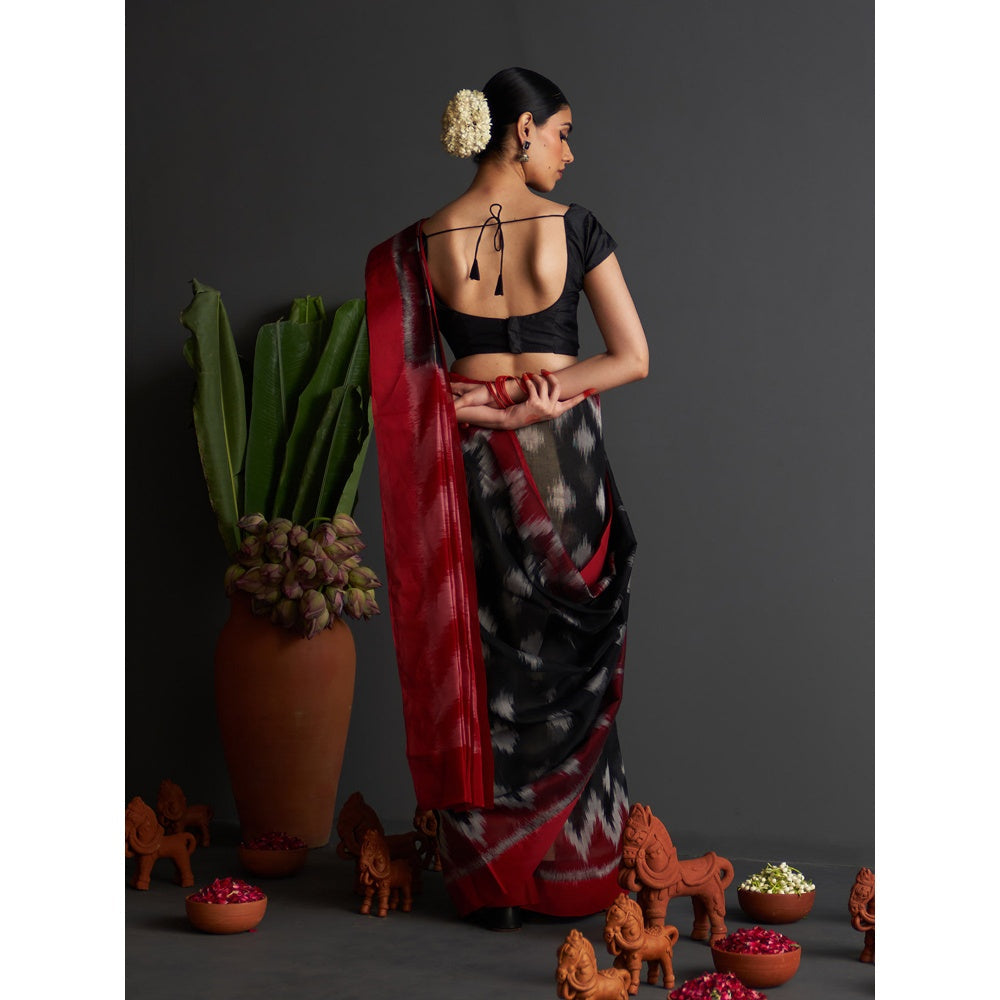 Five Point Five Black Ikat Woven Pattern Saree with Unstitched Blouse
