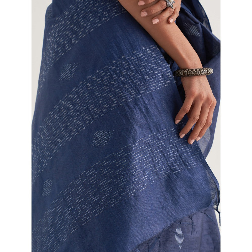 Five Point Five Blue Motif Woven Overall Saree with Unstitched Blouse