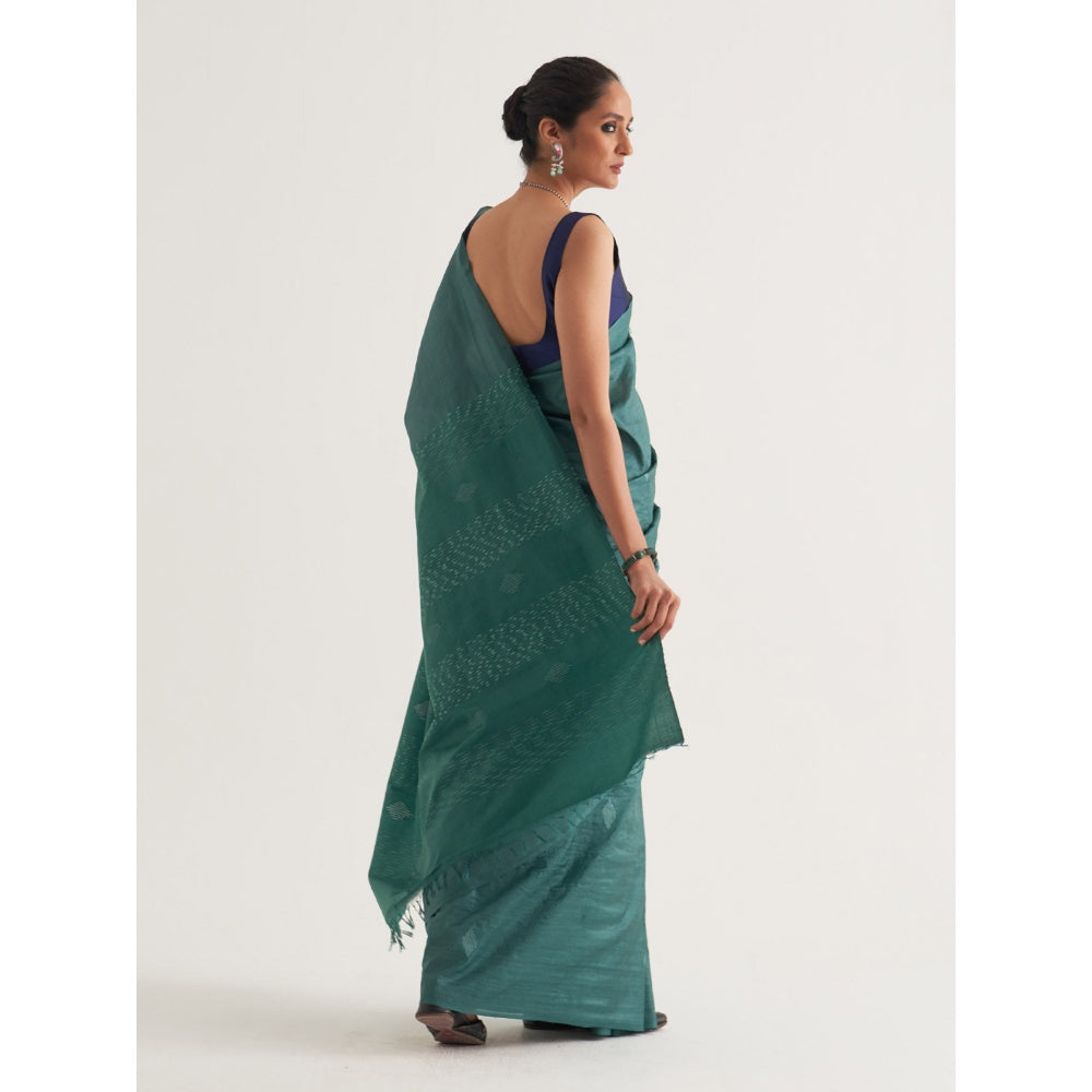 Five Point Five Green Motif Woven Overall Saree with Unstitched Blouse