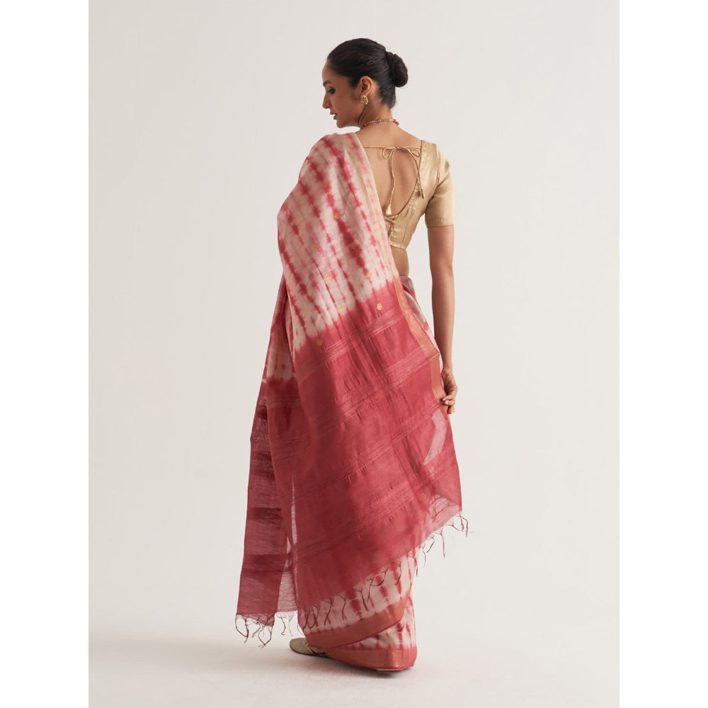 Five Point Five Pink Shibori Polka Dots Woven Saree with Unstitched Blouse