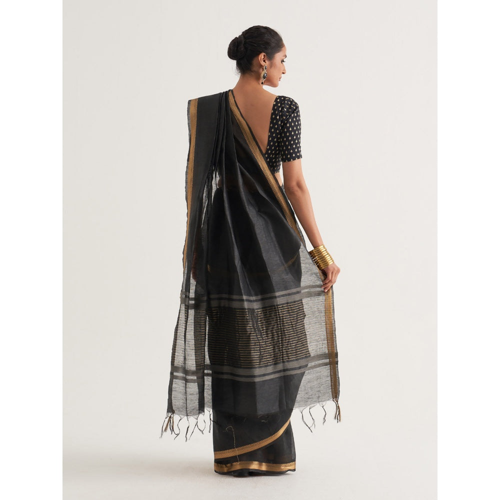 Five Point Five Black Woven Border and Stripes Saree with Unstitched Blouse