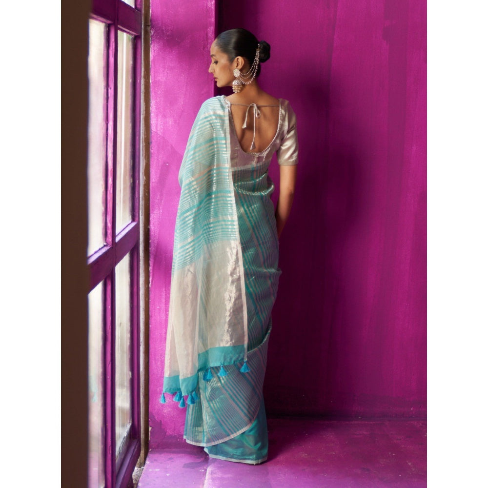 Five Point Five Green Stripes Shabana Saree with Unstitched Blouse