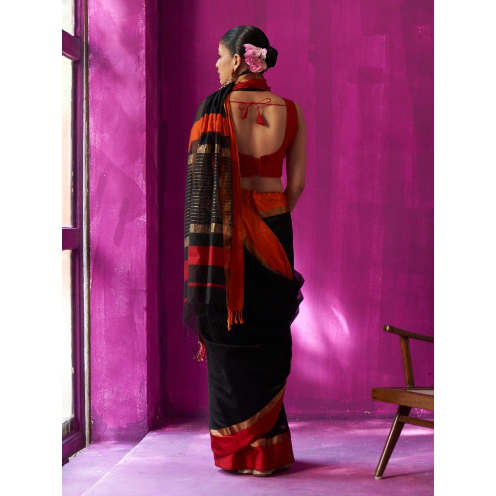 Five Point Five Black Stripes Mohini Saree with Unstitched Blouse