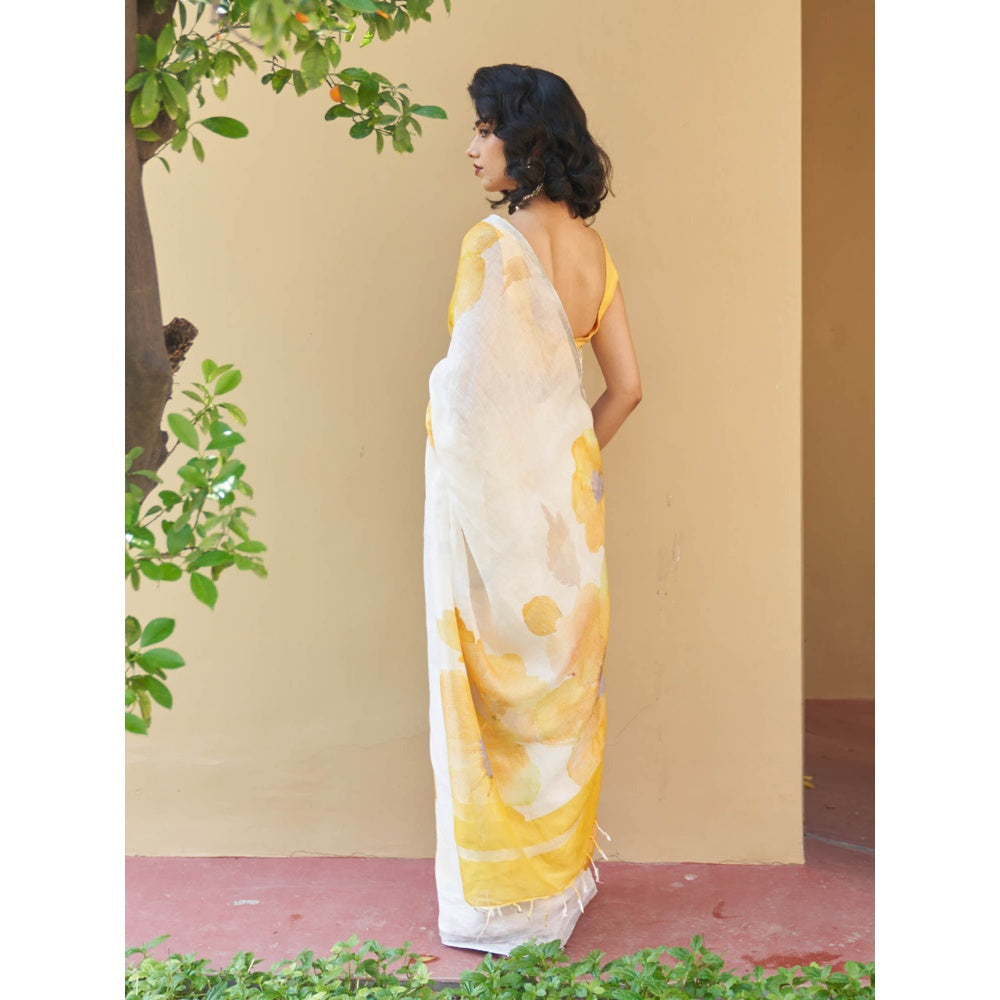 Five Point Five Vani Linen Yellow Saree with Unstitched Blouse