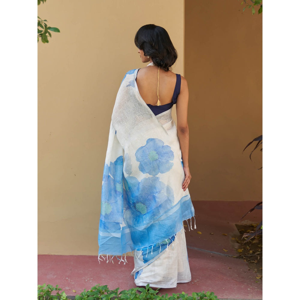 Five Point Five Vani Linen Blue Saree with Unstitched Blouse