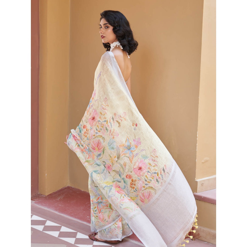 Five Point Five Jaya Yellow Floral Saree with Unstitched Blouse