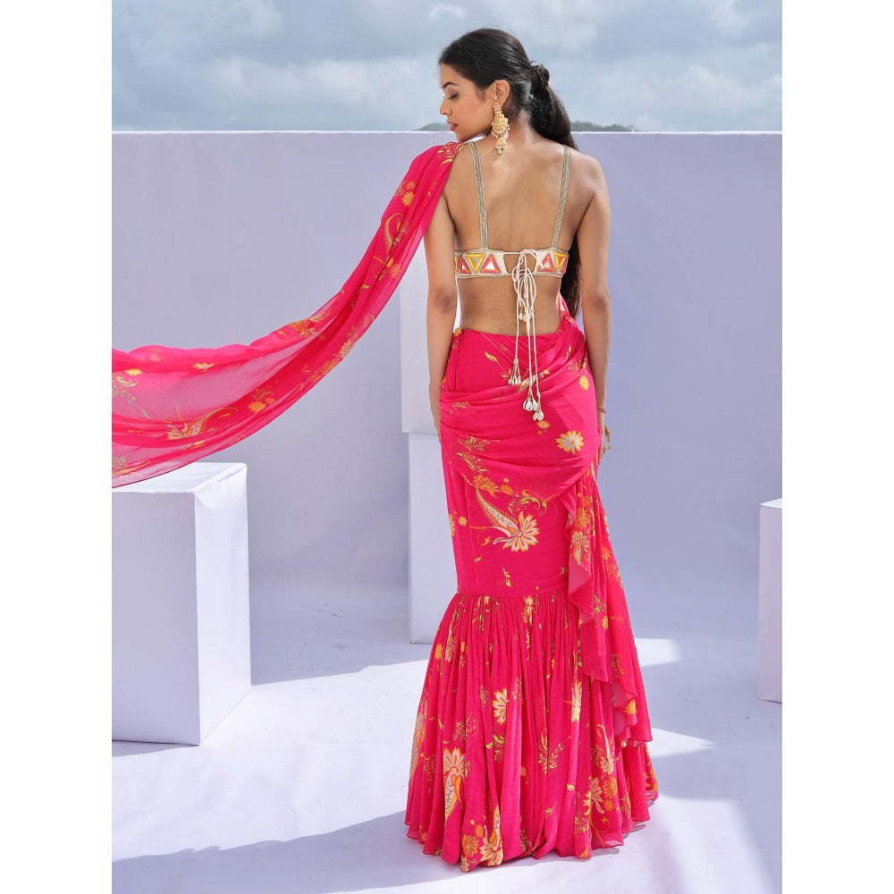 FORAM PATEL Pink Printed Ruffle Pre-Drape Saree with Stitched Blouse