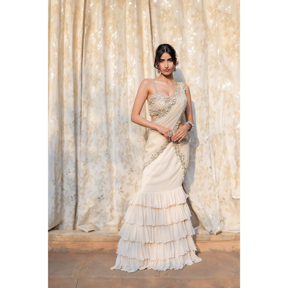 FORAM PATEL Cream and Gold Embroidered Ruffle Skirt with Blouse and Dupatta (Set of 3)