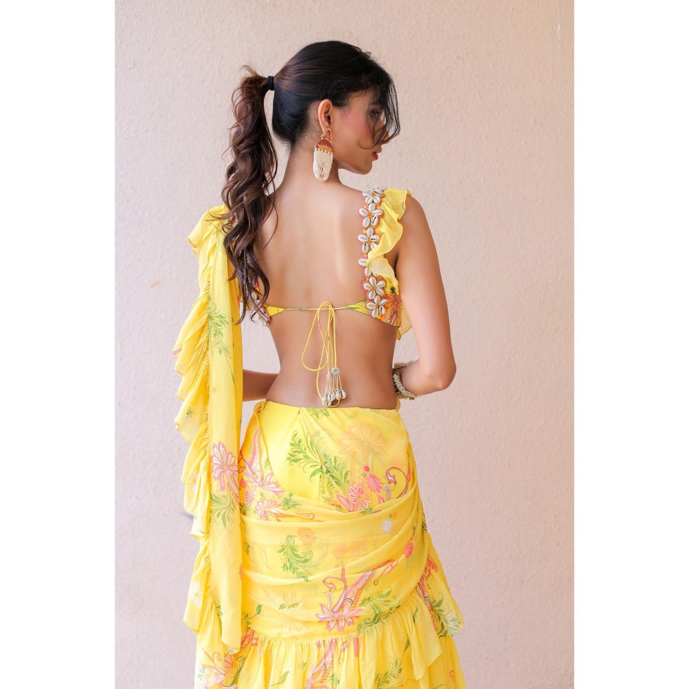 FORAM PATEL Yellow Printed Ruffle Pre-Drape Saree with Stitched Blouse