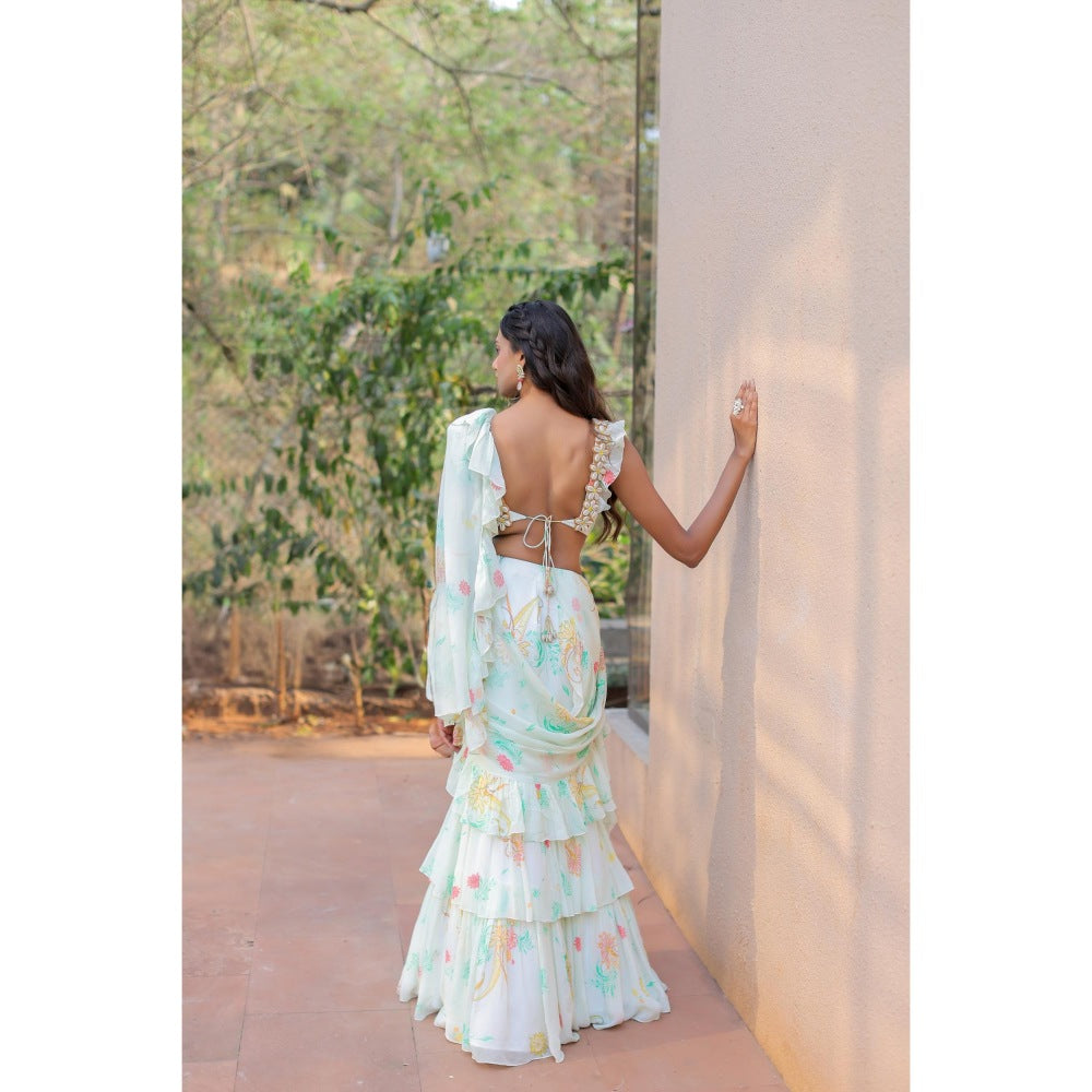 FORAM PATEL White Printed Ruffle Pre-Drape Saree with Stitched Blouse