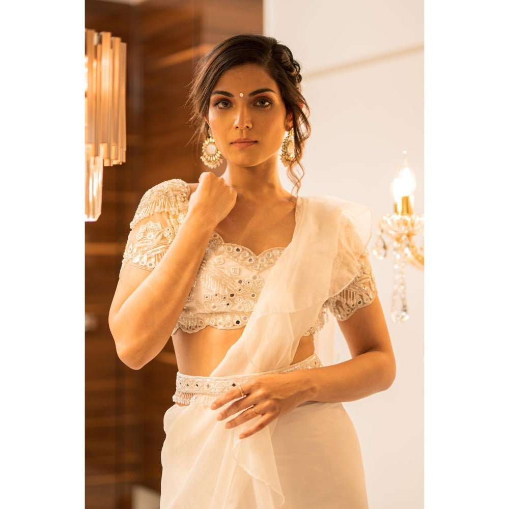 FORAM PATEL White Organza Pre-Draped Ruffle Saree with Stitched Blouse and Belt