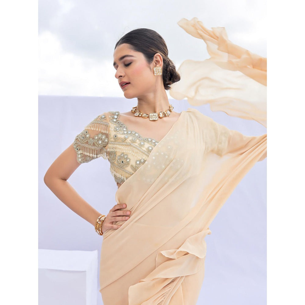 FORAM PATEL Beige Solid Pre-Draped Ruffle Saree with Embroidered Stitched Blouse and Belt