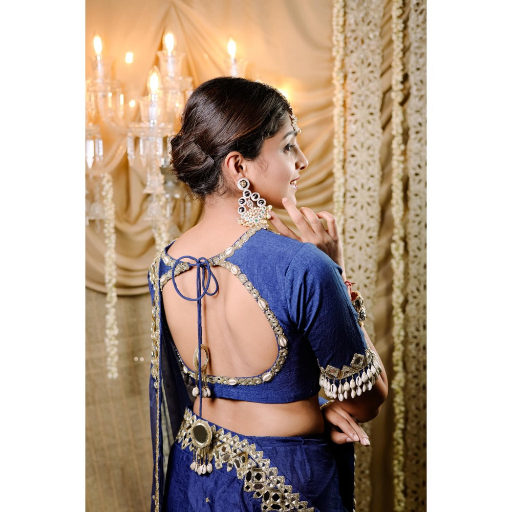 FORAM PATEL Navy Blue Embroidered Pre-Draped Saree with Stitched Blouse