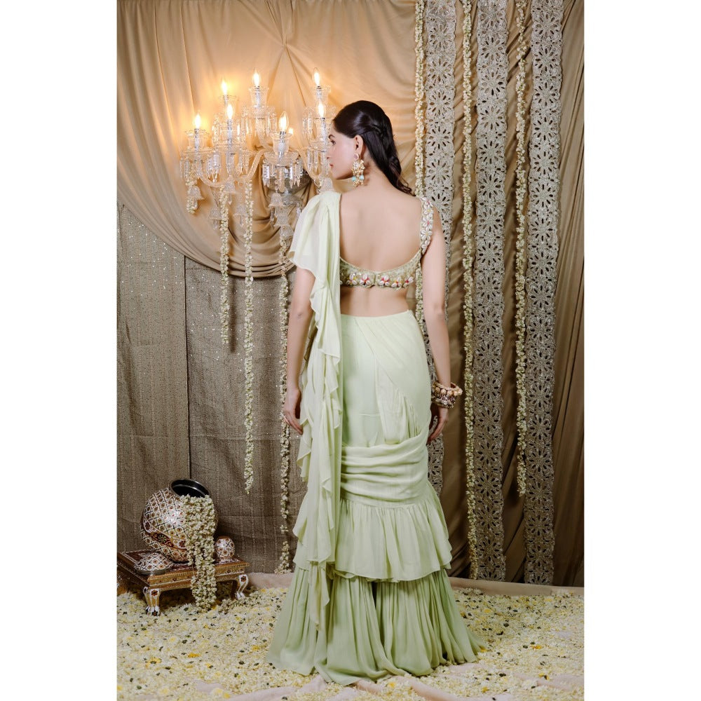 FORAM PATEL Mint Green Pre-Draped Ruffle Saree with Stitched Blouse