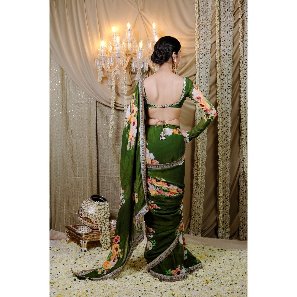 FORAM PATEL Green Floral Printed Pre-Draped Saree with Stitched Blouse