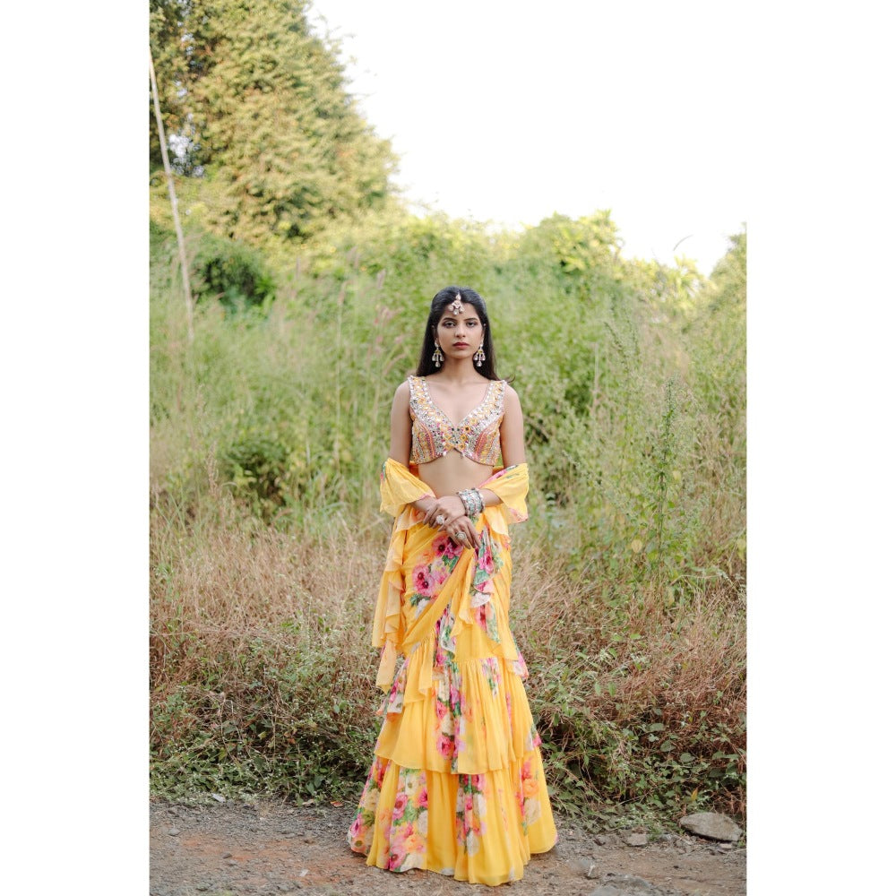 FORAM PATEL Yellow Floral Printed Ruffle Pre-Draped Saree with Stitched Blouse