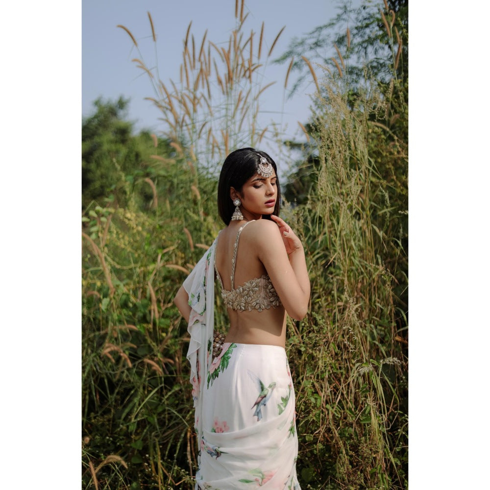 FORAM PATEL White Floral Printed Ruffle Pre-Draped Saree with Stitched Blouse