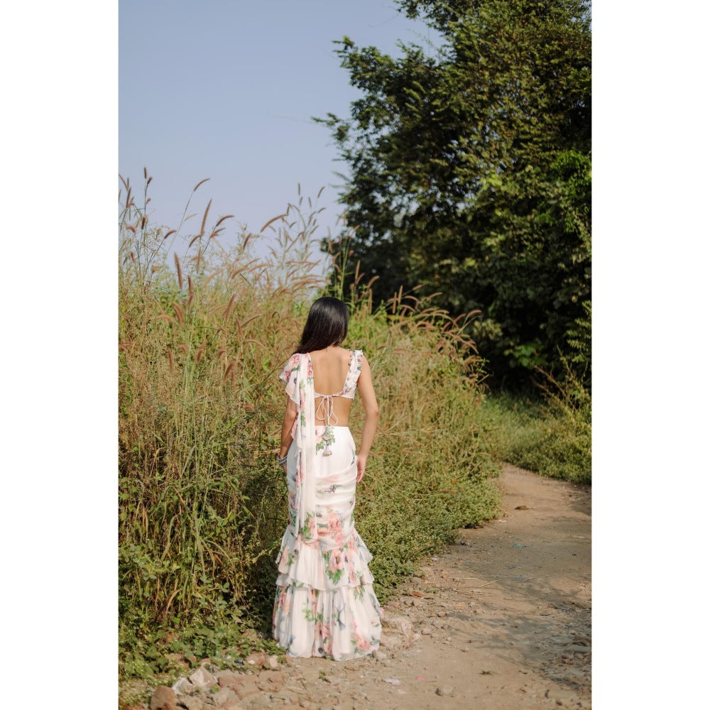 FORAM PATEL White Floral Printed Pre-Draped Ruffle Saree with Stitched Blouse