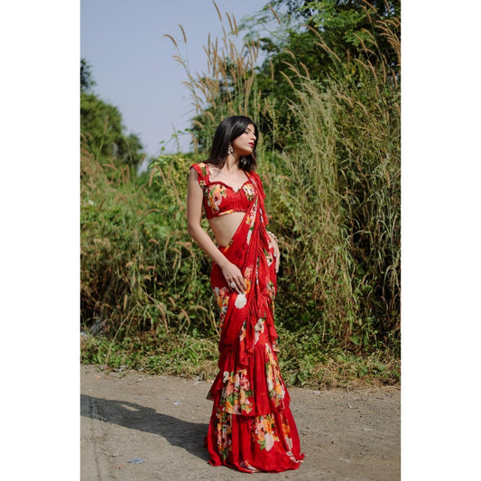 FORAM PATEL Red Floral Printed Pre-Draped Ruffle Saree with Stitched Blouse