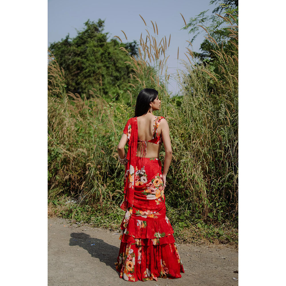 FORAM PATEL Red Floral Printed Pre-Draped Ruffle Saree with Stitched Blouse