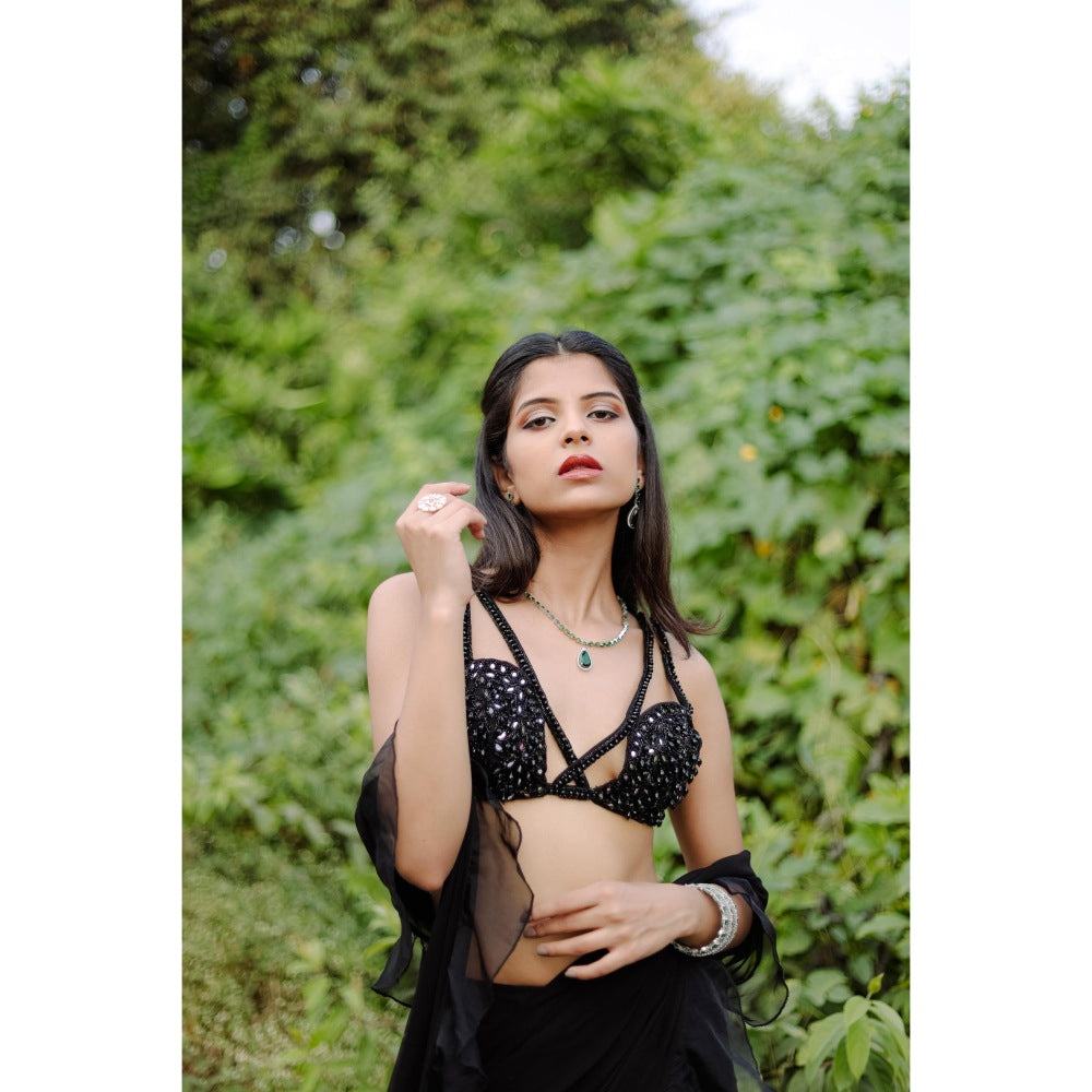 FORAM PATEL Black Solid Ruffle Pre-Draped Saree with Embroidered Stitched Blouse