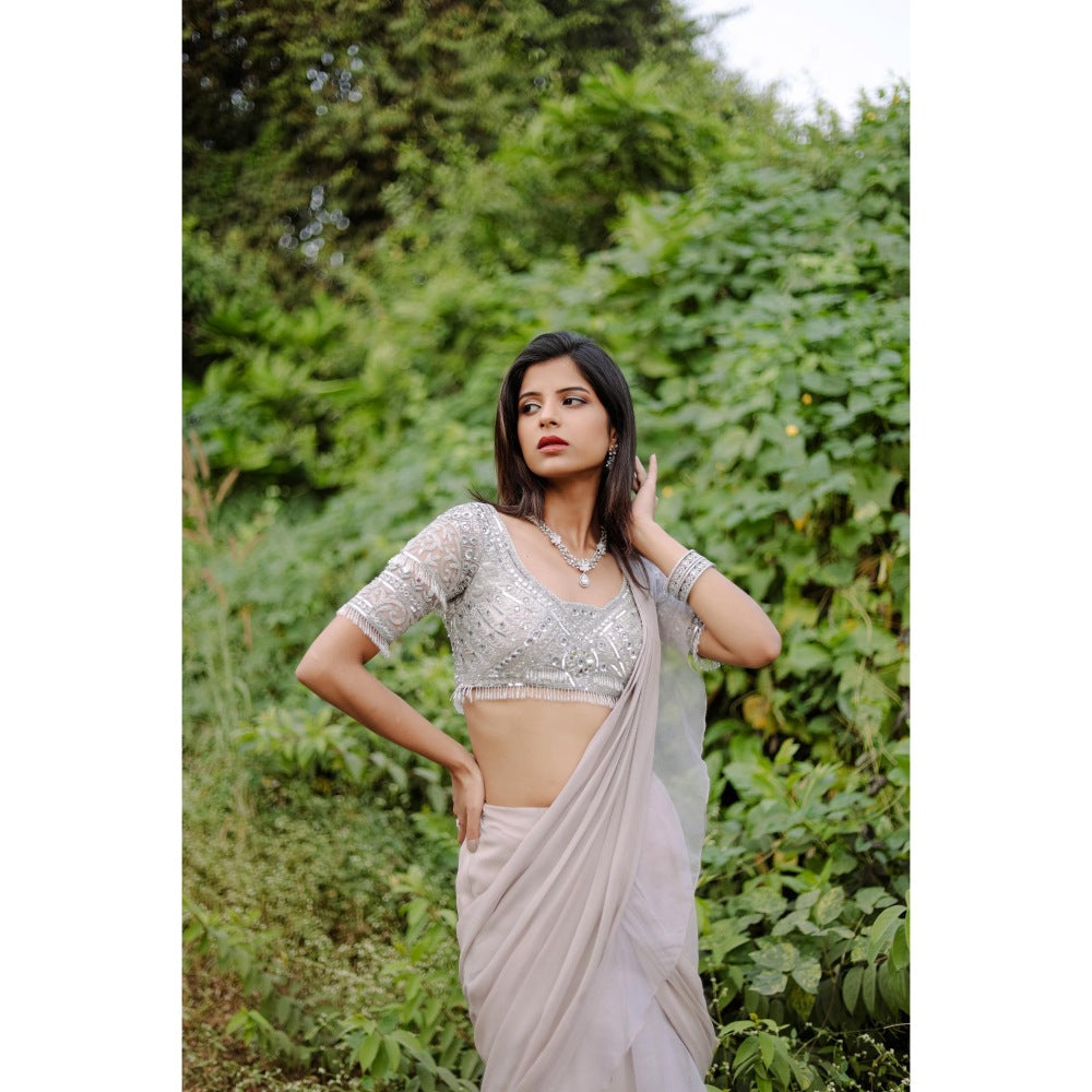 FORAM PATEL Grey Solid Ruffle Pre-Draped Saree with Embroidered Stitched Blouse