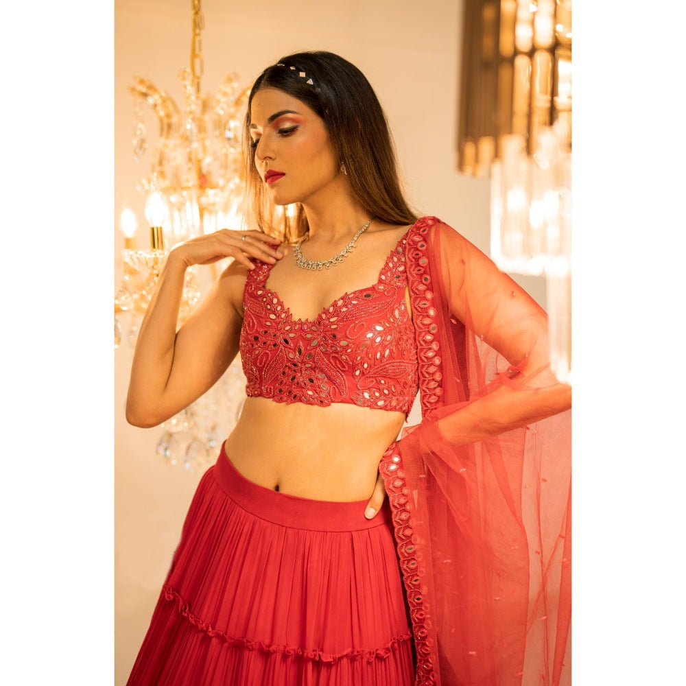 FORAM PATEL Red Tiered Mirror Work Embroidered Lehenga with Blouse and Dupatta (Set of 3)