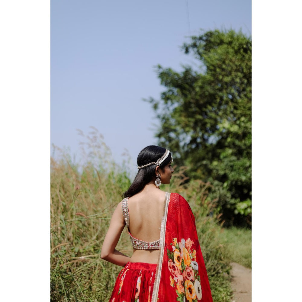 FORAM PATEL Red Floral Printed Lehenga with Embroidered Blouse and Dupatta (Set of 3)