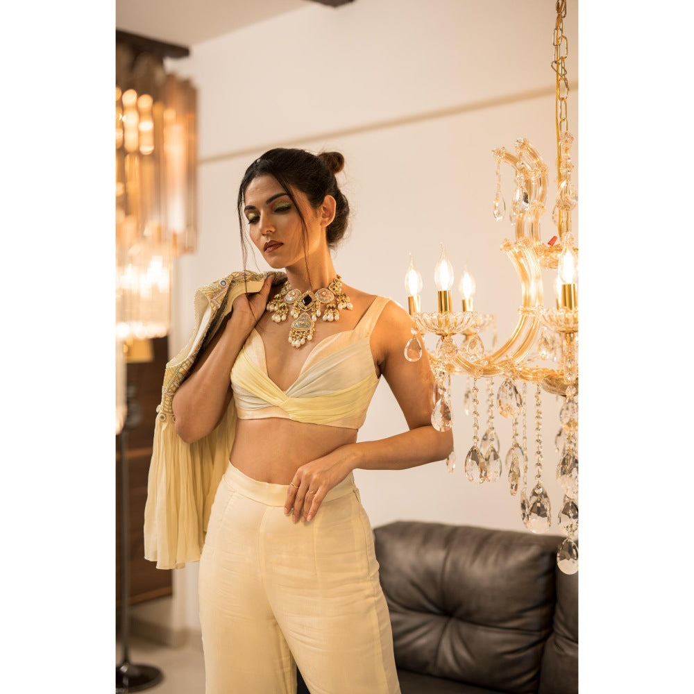 FORAM PATEL Cream Embroidered Blouse with Sharara and Jacket (Set of 3)