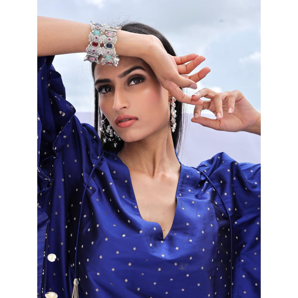 FORAM PATEL Electric Navy Blue Brocade Woven Kaftan Dress with Inner (Set of 2)