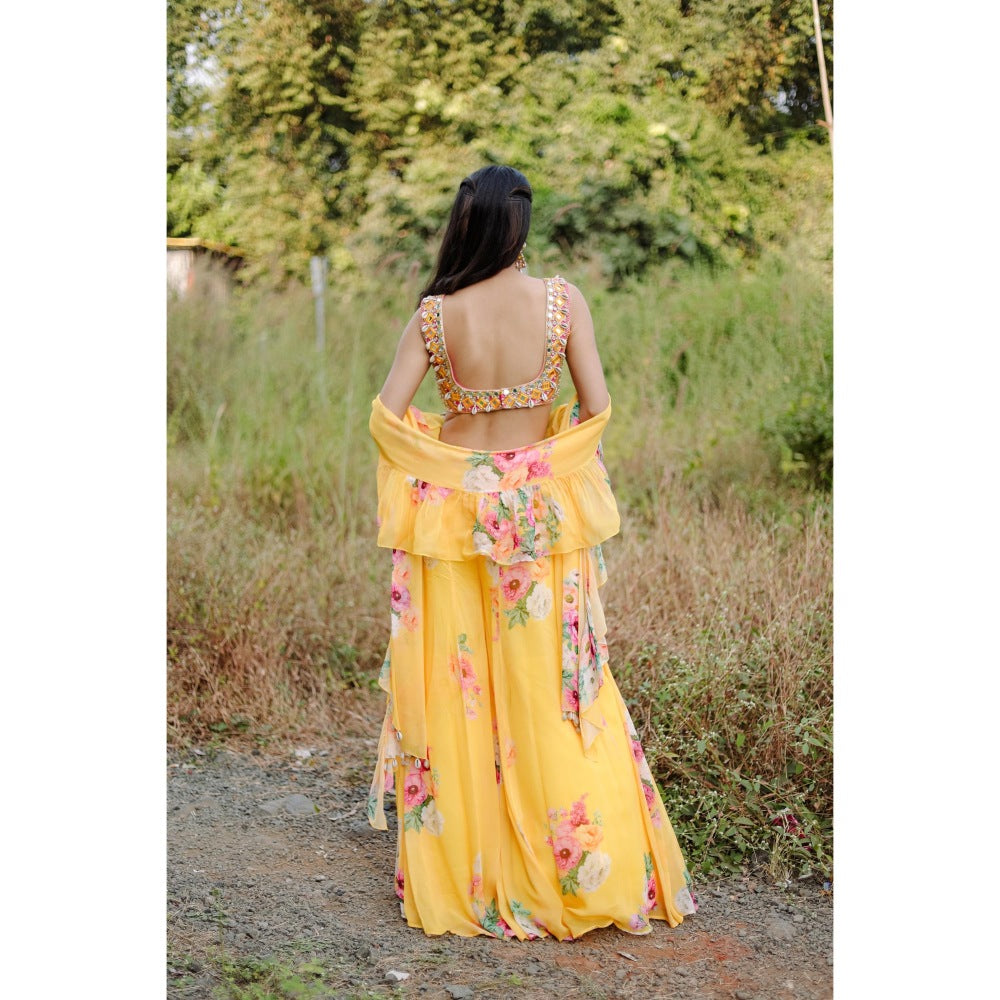 FORAM PATEL Yellow Mirror and Cowrie Embroidered Blouse and Palazzo with Dupatta (Set of 3)