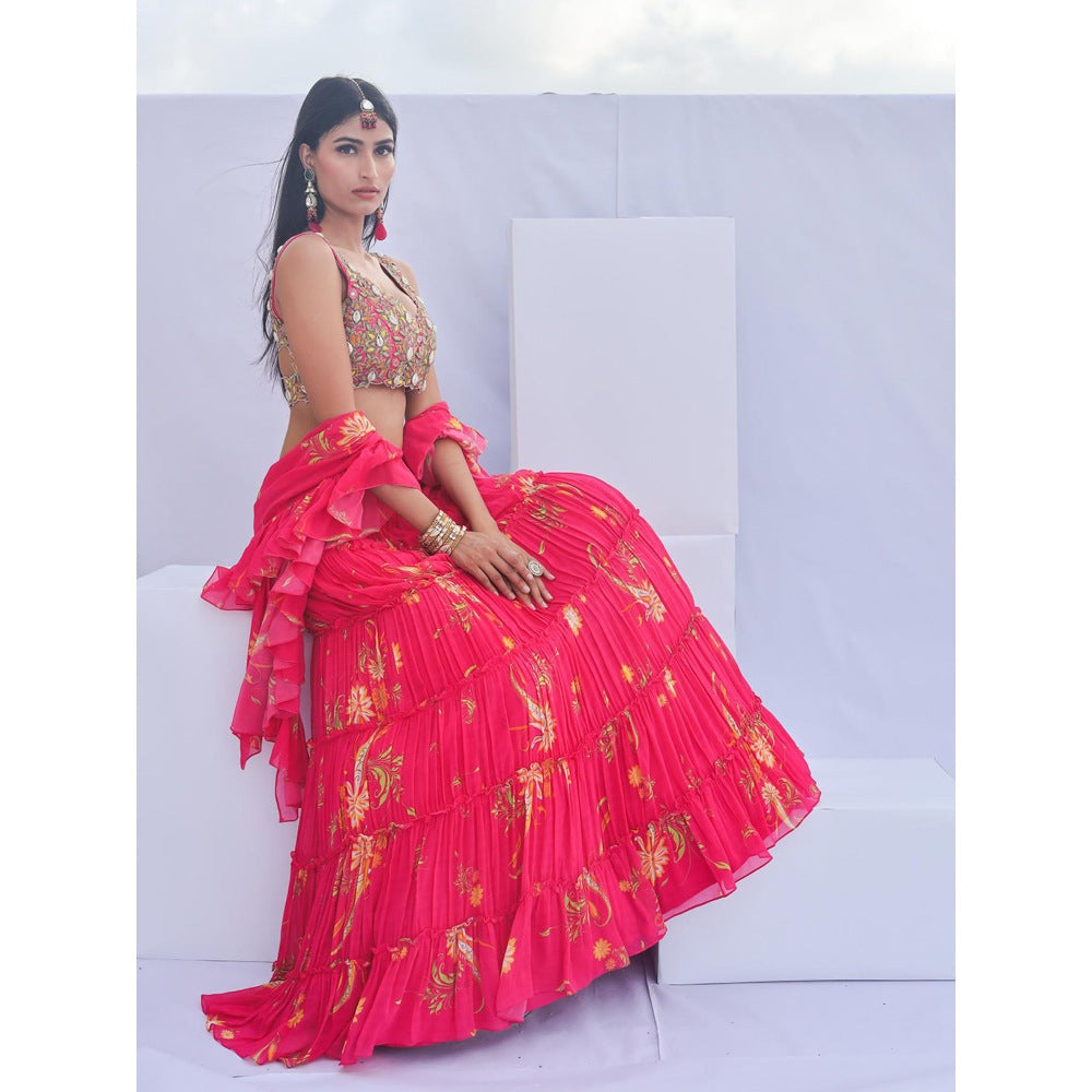 FORAM PATEL Red Floral Print Lehenga with Embroidered Blouse and Dupatta (Set of 3)
