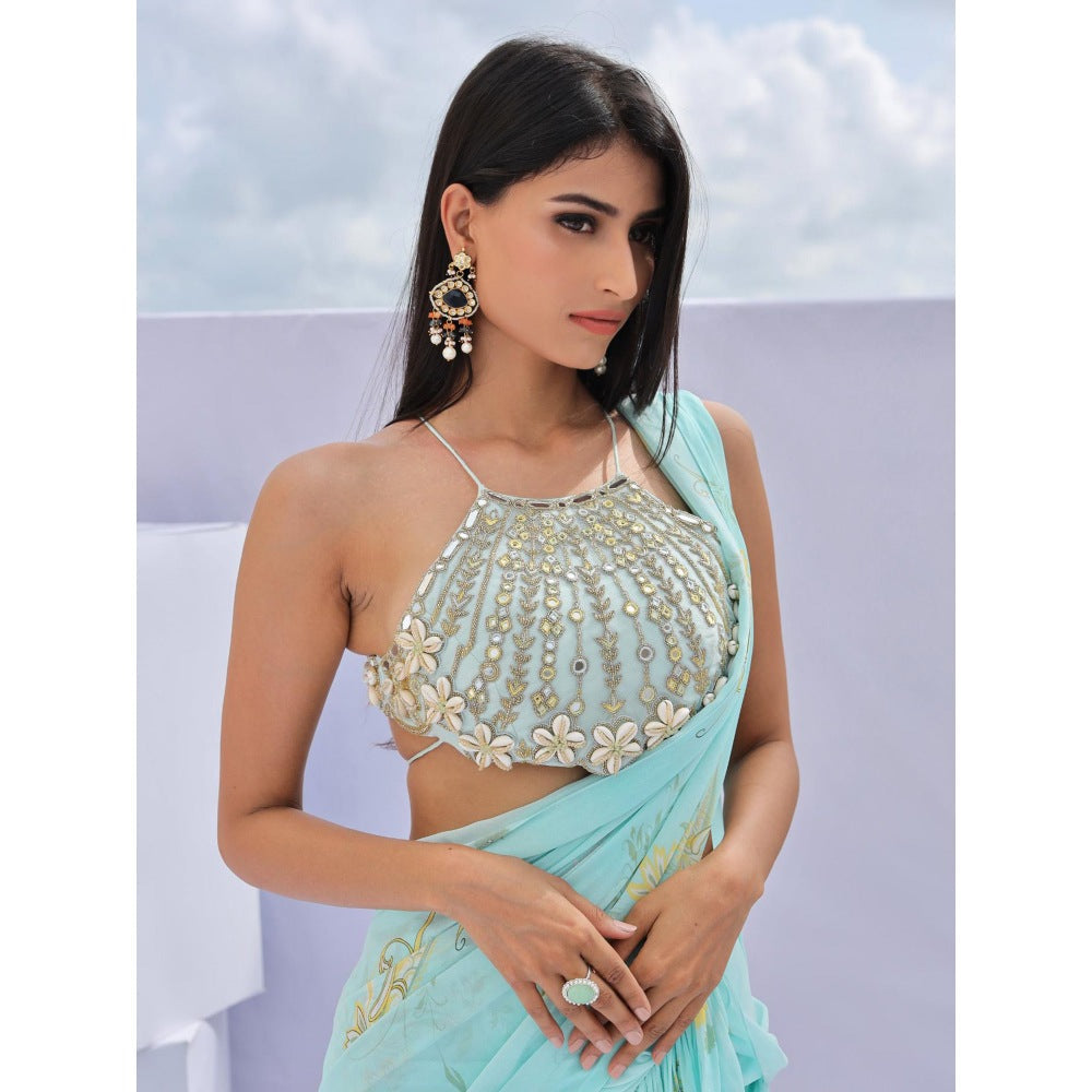 FORAM PATEL Blue Pre-Draped Ruffle Floral Print Saree with Stitched Blouse