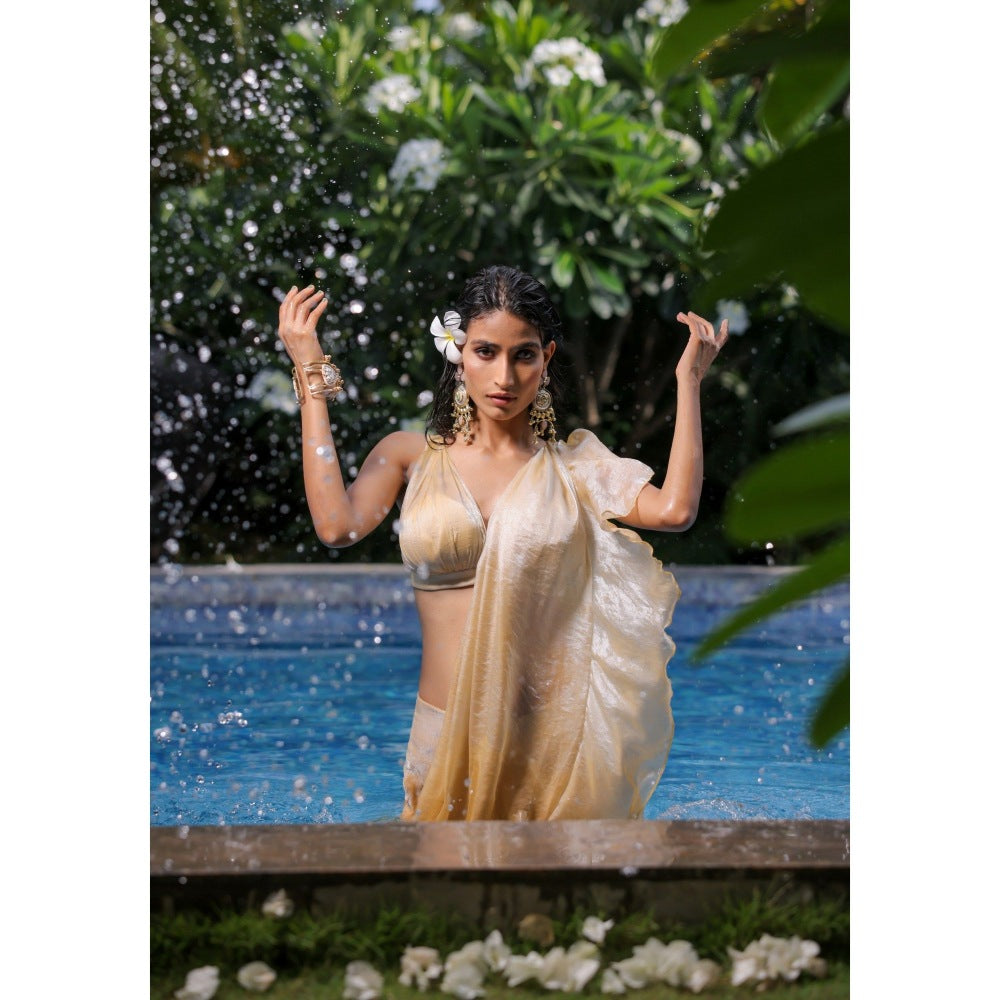 FORAM PATEL Cream Ruffle Pre-Draped Saree with Stitched Blouse