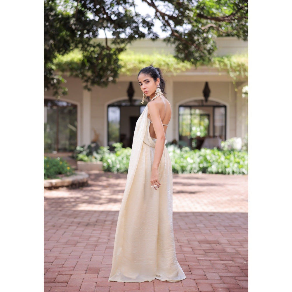 FORAM PATEL Cream Shimmer Pleated Jumpsuit