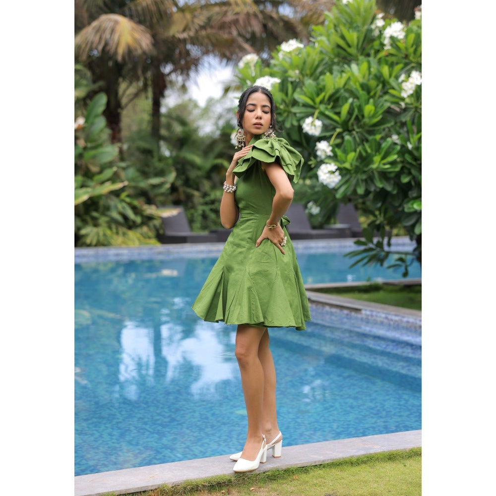 FORAM PATEL Olive Green One Shoulder Mini Dress