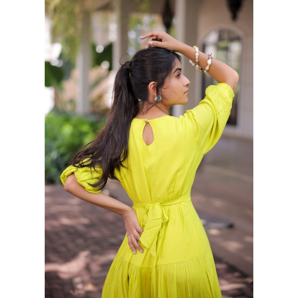FORAM PATEL Lime Yellow Tiered Maxi Dress
