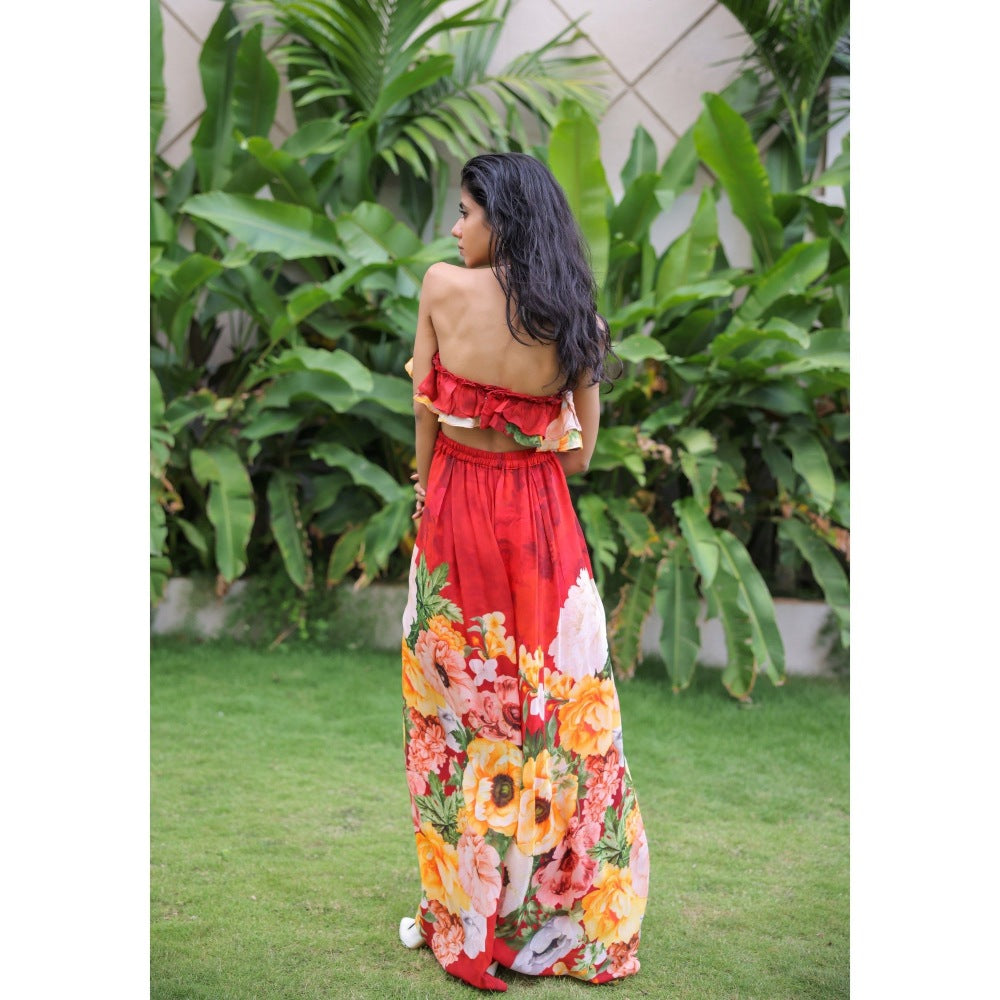 FORAM PATEL Red Floral Printed Ruffle Bustier with Pant (Set of 2)