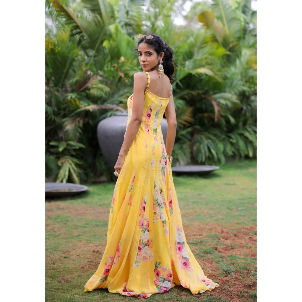 FORAM PATEL Yellow Floral Printed Pleated Maxi Dress