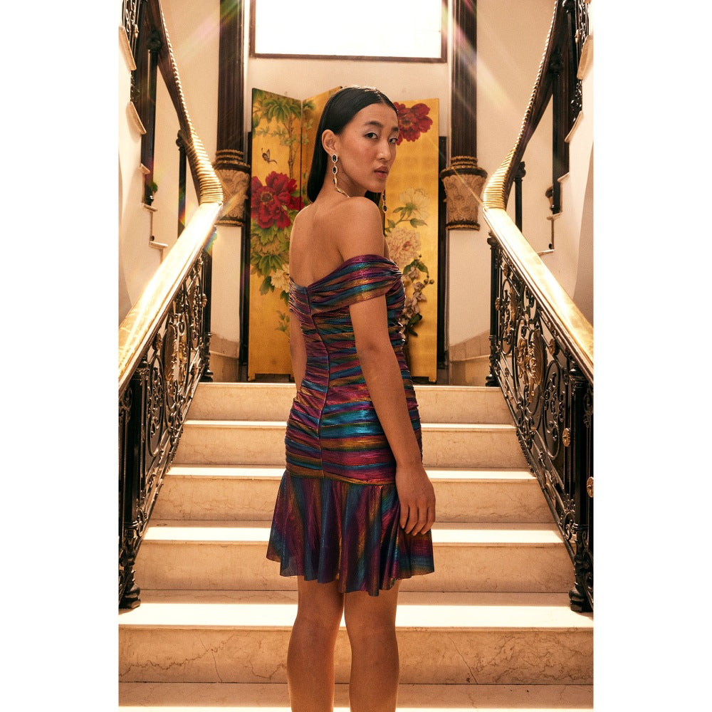 KANGANA TREHAN Purple Metallic Jersey Off-Shoulder Dress