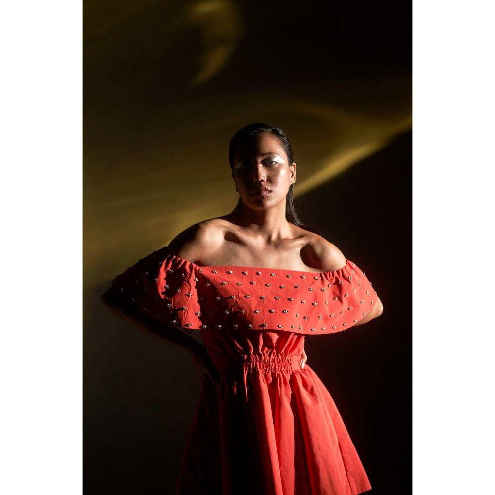KANGANA TREHAN Orange Embellished Off-Shoulder Dress
