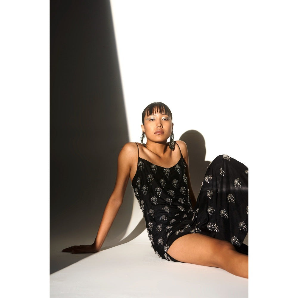 KANGANA TREHAN Black Strappy Embellished Dress with Slits