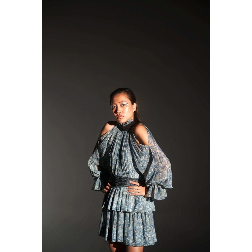 KANGANA TREHAN Floral Print Ruched Sleeves High Neck Dress