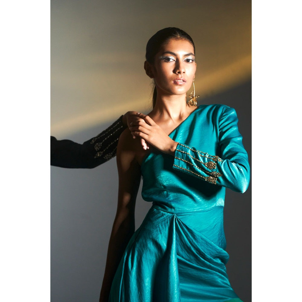 KANGANA TREHAN Teal One Shoulder Dress